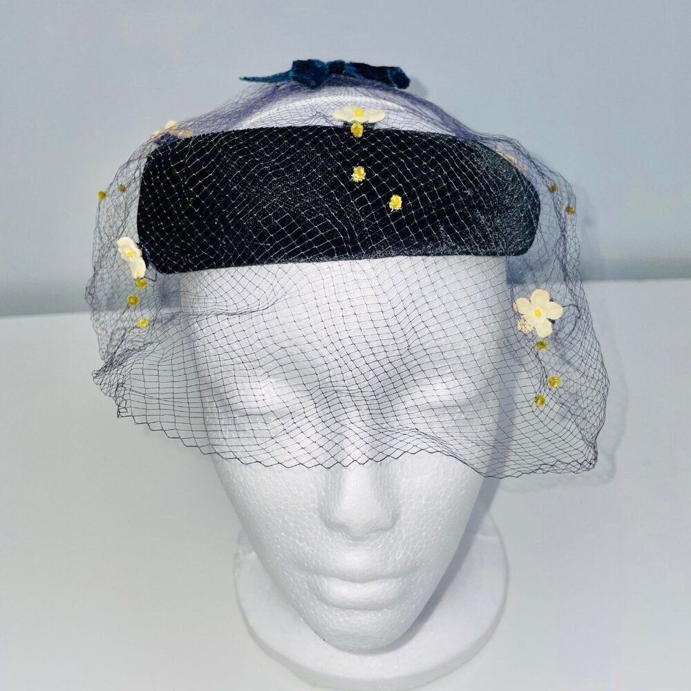 Vintage Crown Hat Black Velour Net Head Band Church Wedding Costume Theatre